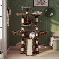 68 Inches Multi-Level Large Cat Tree Tower with Cat Condo/Cozy Plush Cat Perches/Sisal Scratching Posts & Hammocks Leopard Print