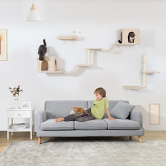 Wall-mounted Cat Tree, Cat Furniture with 2 Cat Condos House, 3 Cat Wall Shelves, 2 Ladder, 1 Cat Perch, Sisal Cat Scratching Po