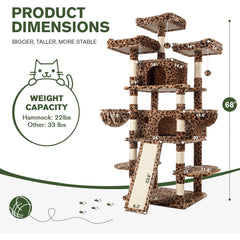 68 Inches Multi-Level Large Cat Tree Tower with Cat Condo/Cozy Plush Cat Perches/Sisal Scratching Posts & Hammocks Leopard Print