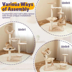 Solid Wood Cat Tree - 56.3" Multi-Leve Building Block Cat Tower with Cozy Hammock, Sisal Scratching Posts, Padded Platform
