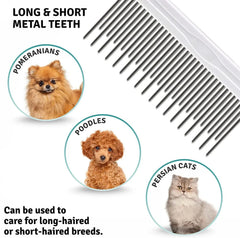 Poodle Detangling Pet Comb with Long & Short Stainless Steel Teeth for Removing Matted Fur, Knots & Tangles for Dog Cat Grooming