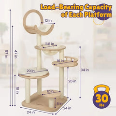 Solid Wood Cat Tree - 56.3" Multi-Leve Building Block Cat Tower with Cozy Hammock, Sisal Scratching Posts, Padded Platform