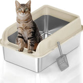 High fence oversized cat toilet semi-enclosed litter box, large litter box provides plenty of space to move around(khaki)