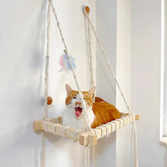 New Cat Hammock Hanging Cat Bed Window Wall Mount Sunny Seat For Cats Accessories Natural Material Wood Cotton Macrame Pet Bed