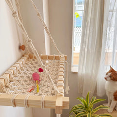New Cat Hammock Hanging Cat Bed Window Wall Mount Sunny Seat For Cats Accessories Natural Material Wood Cotton Macrame Pet Bed