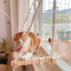 New Cat Hammock Hanging Cat Bed Window Wall Mount Sunny Seat For Cats Accessories Natural Material Wood Cotton Macrame Pet Bed
