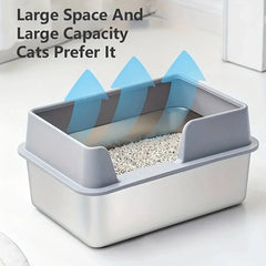 Extra Large Stainless Steel Cat Litter Box with High Wall Enclosure Non-Stick Leak Proof Easy to Clean Includes Lid