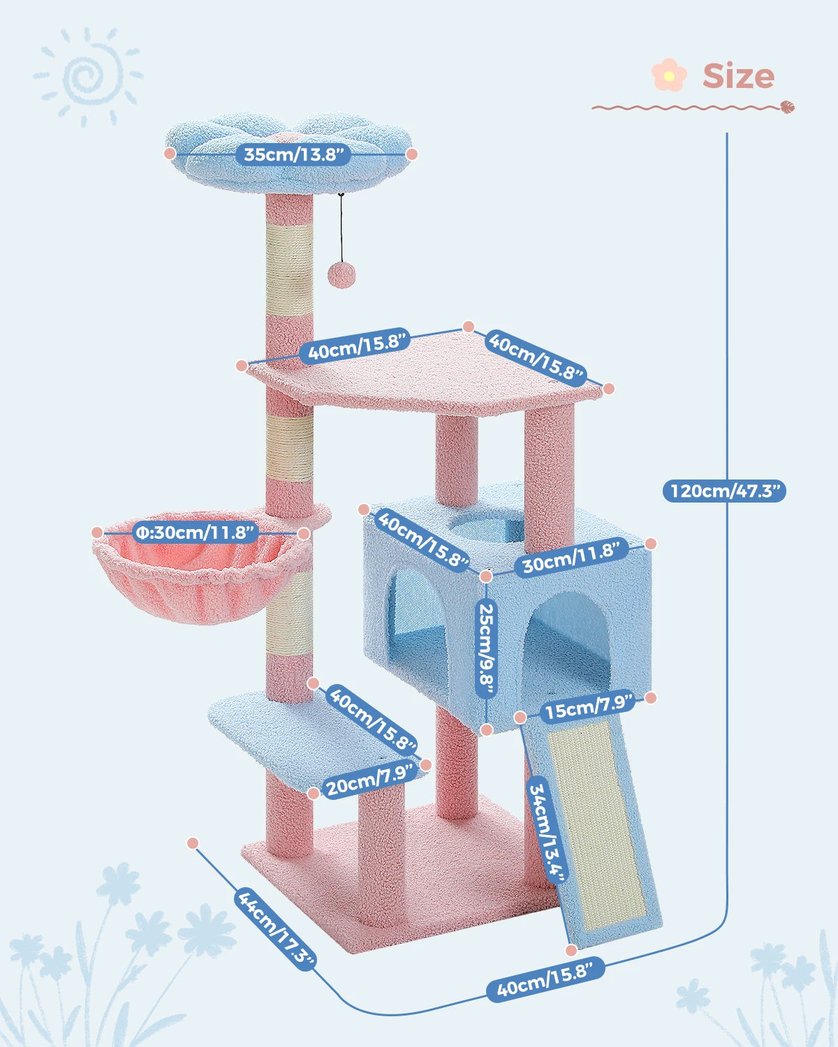 PAWZ Road Flower Cat Tree, Cat Tower with Steel Frame Hammock and 7 Scratching Posts, Tall Cat Tree with 2 Condos and Perches fo